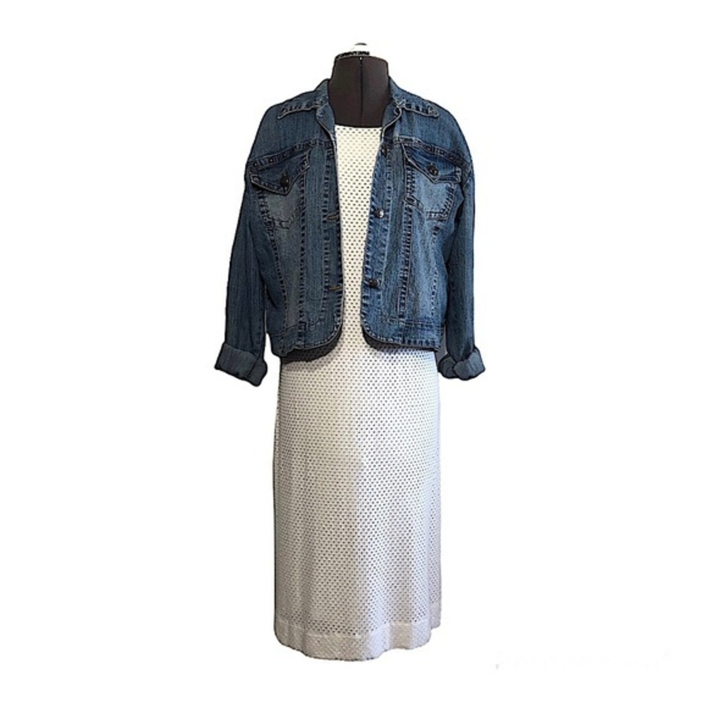 Banana‎ Republic White Knit Perforate Elbow Sleeve Lined Boat Neckline Dress 12